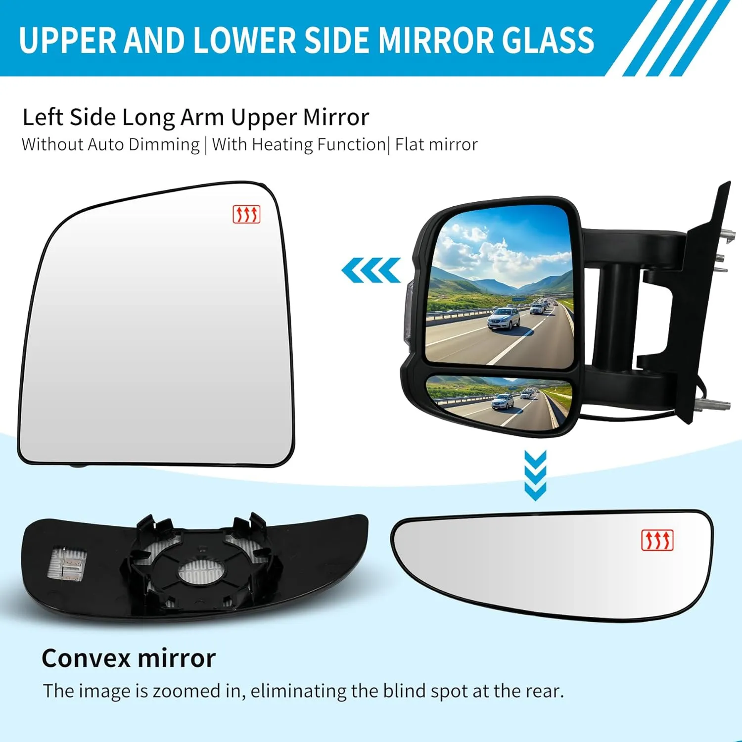 Left Side Upper and Lower Extension Long Arm Mirror Heated Convex Glass with Rear Holder for Ram ProMaster 1500 2500 3500 for 2010-2023, Driver Side View Mirror