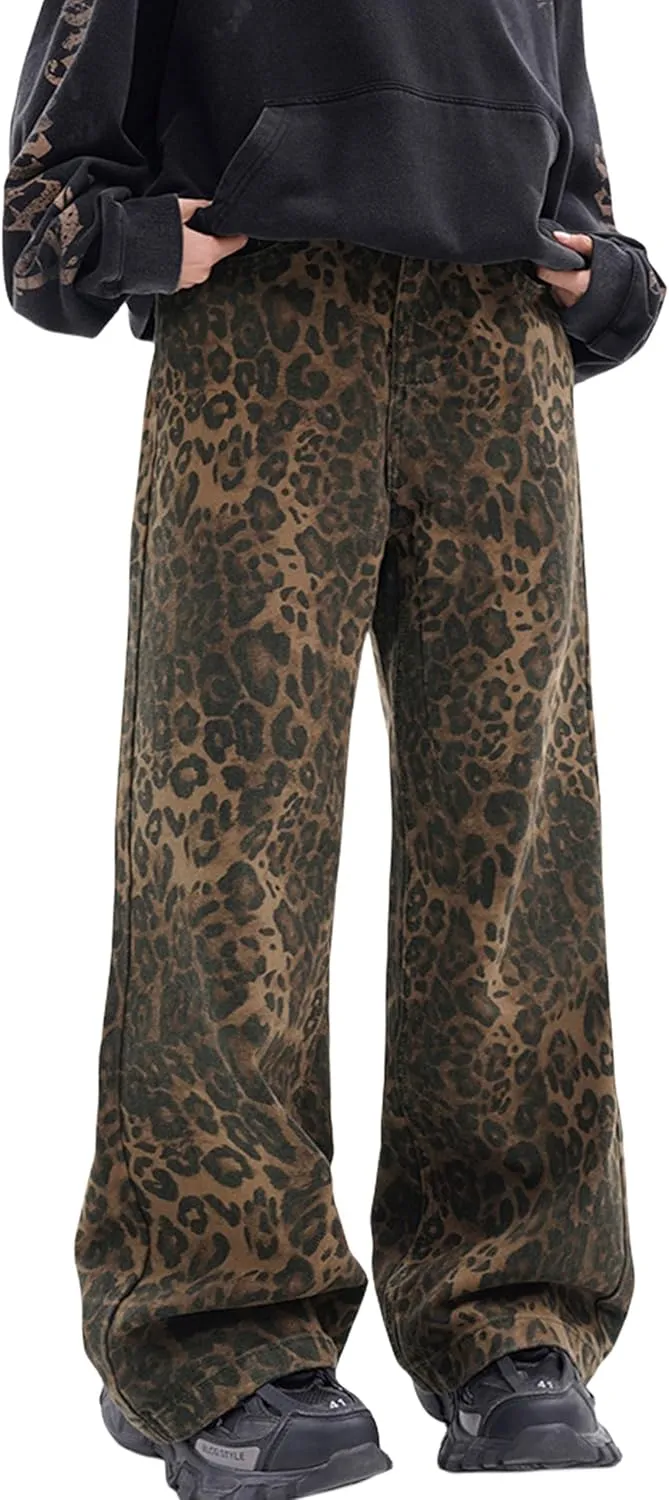 Leopard Print Baggy Jeans for Mens Hip Hop Loose fit Y2K Vintage Denim Pants Chic Street Style Wide Leg Jeans Pants