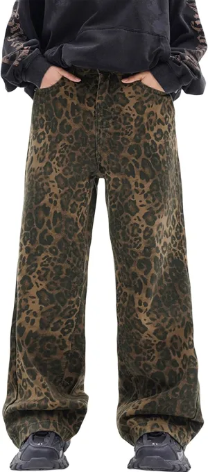 Leopard Print Baggy Jeans for Mens Hip Hop Loose fit Y2K Vintage Denim Pants Chic Street Style Wide Leg Jeans Pants