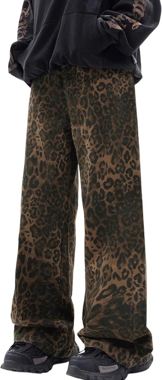 Leopard Print Baggy Jeans for Mens Hip Hop Loose fit Y2K Vintage Denim Pants Chic Street Style Wide Leg Jeans Pants
