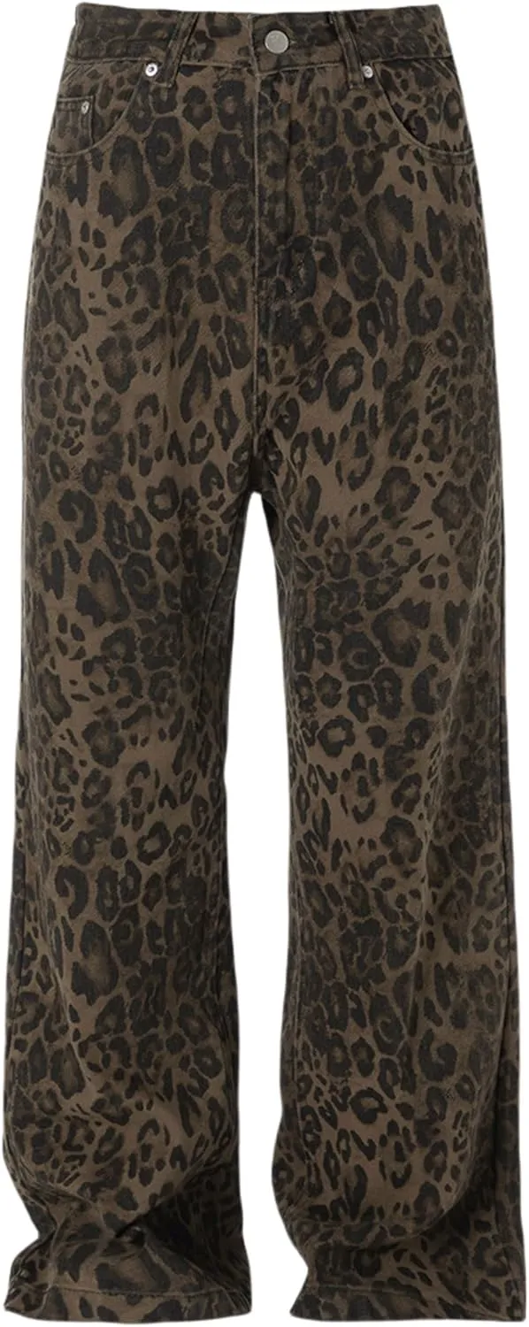 Leopard Print Baggy Jeans for Mens Hip Hop Loose fit Y2K Vintage Denim Pants Chic Street Style Wide Leg Jeans Pants