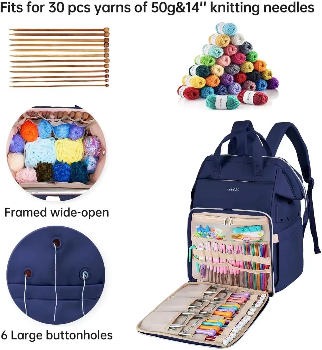 Leudes Knitting Bag Backpack, Yarn Storage Organizer Large Crochet Bag Tote Christmas Gift Yarn Holder Case for Carrying Projects, Knitting Needles (Upgraded Navy Blue)
