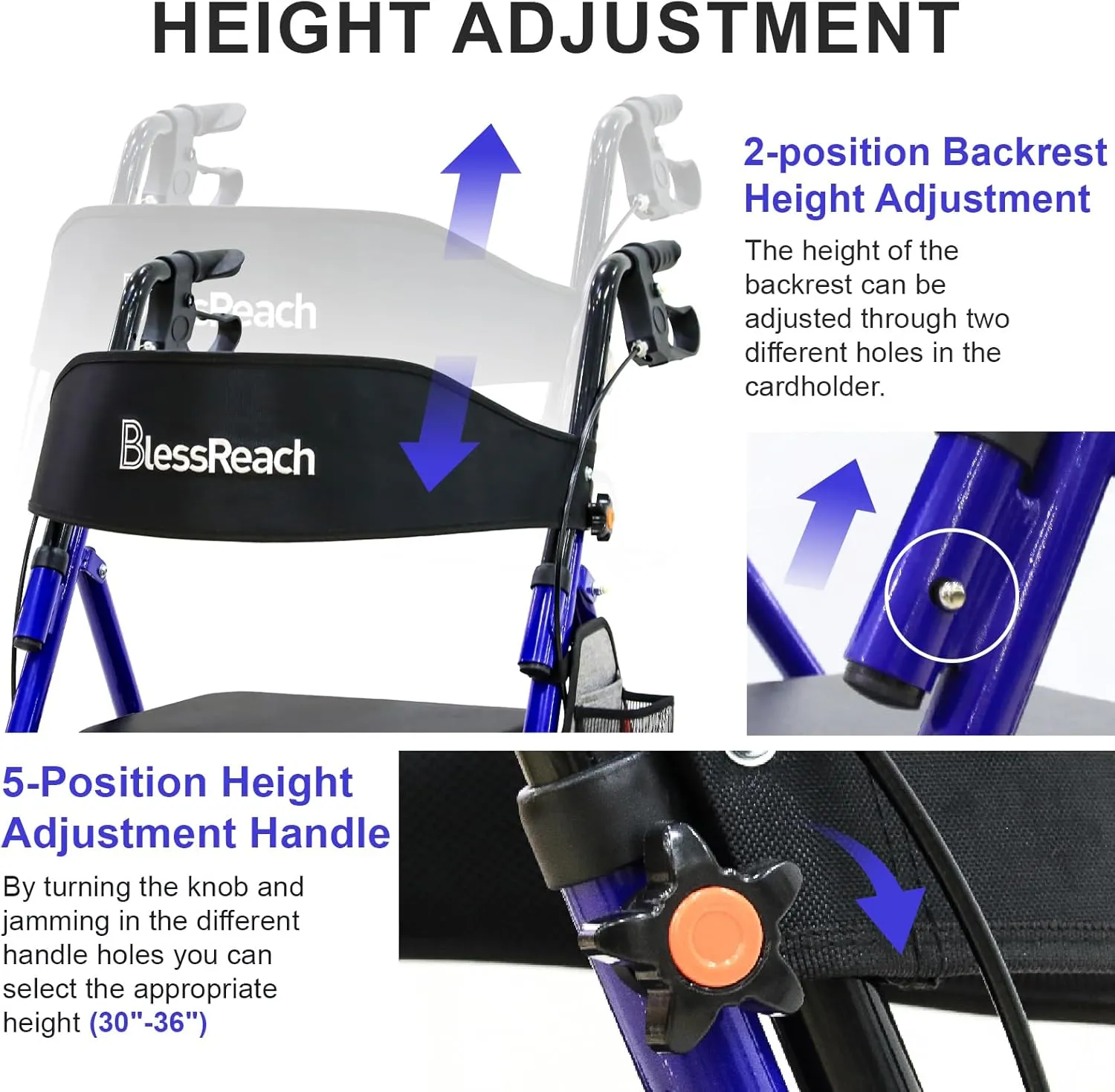 Lightweight Foldable Rollator Walkers with Seat for Seniors, 350 lb Capacity, 5-Position Adjustable Height, Premium Hybrid Rolling Walker - Aluminum and Carbon Steel (Blue)