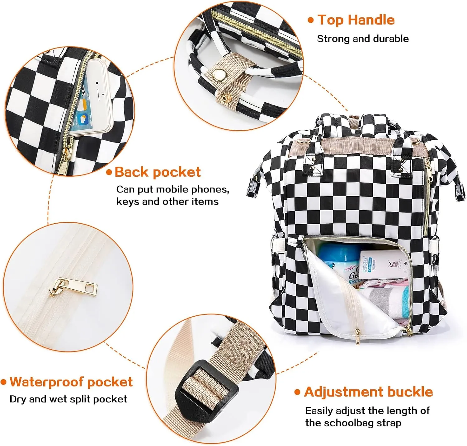 LIMHOO 3 in 1 Diaper Bag Backpack, Multifunction Large Baby Bags with Changing Pad & Stroller Straps, Waterproof Nappy Bag for Mom Baby Care (Checkered)