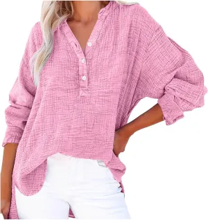 Linen Shirts for Women Casual Button V Neck Long Sleeve Shirts Oversized Solid Blouses Tops for Women Trendy Summer 2025