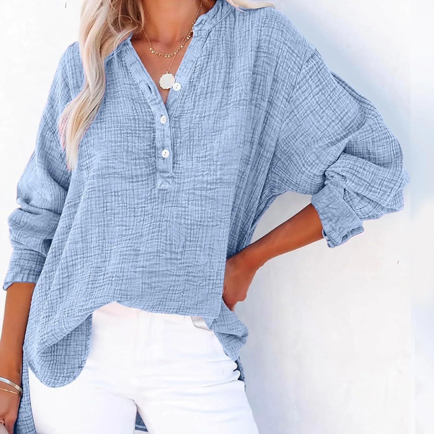 Linen Shirts for Women Casual Button V Neck Long Sleeve Shirts Oversized Solid Blouses Tops for Women Trendy Summer 2025