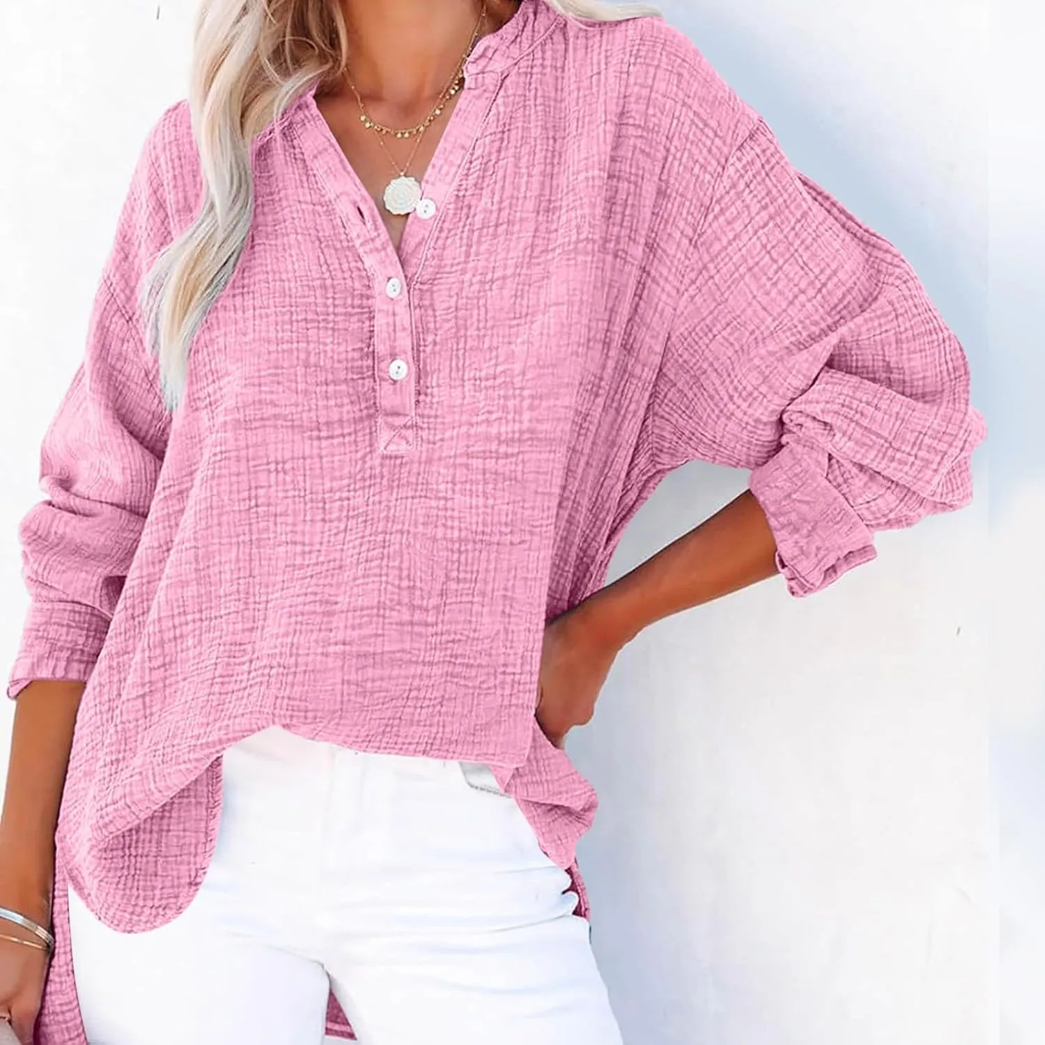 Linen Shirts for Women Casual Button V Neck Long Sleeve Shirts Oversized Solid Blouses Tops for Women Trendy Summer 2025