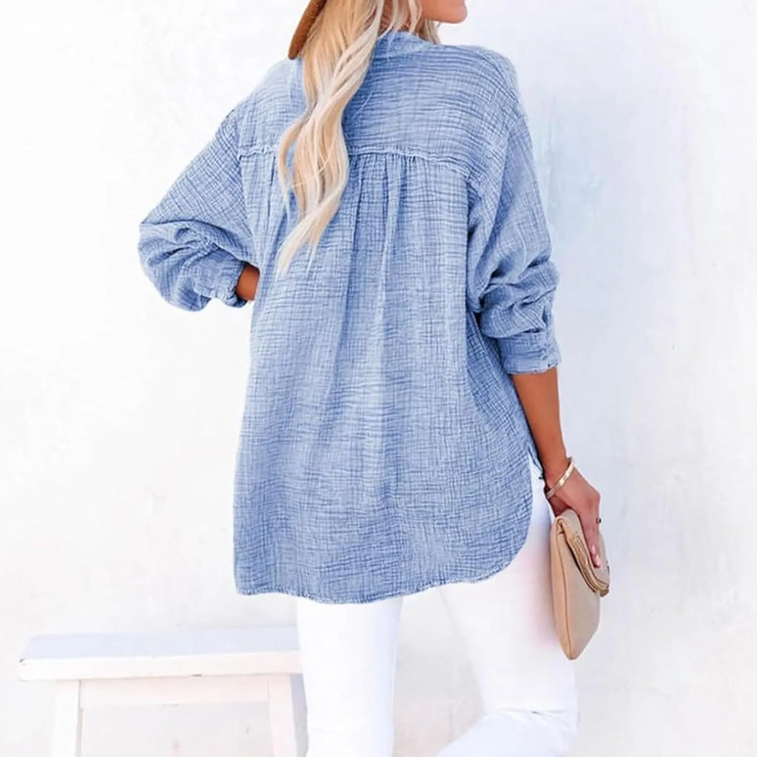 Linen Shirts for Women Casual Button V Neck Long Sleeve Shirts Oversized Solid Blouses Tops for Women Trendy Summer 2025