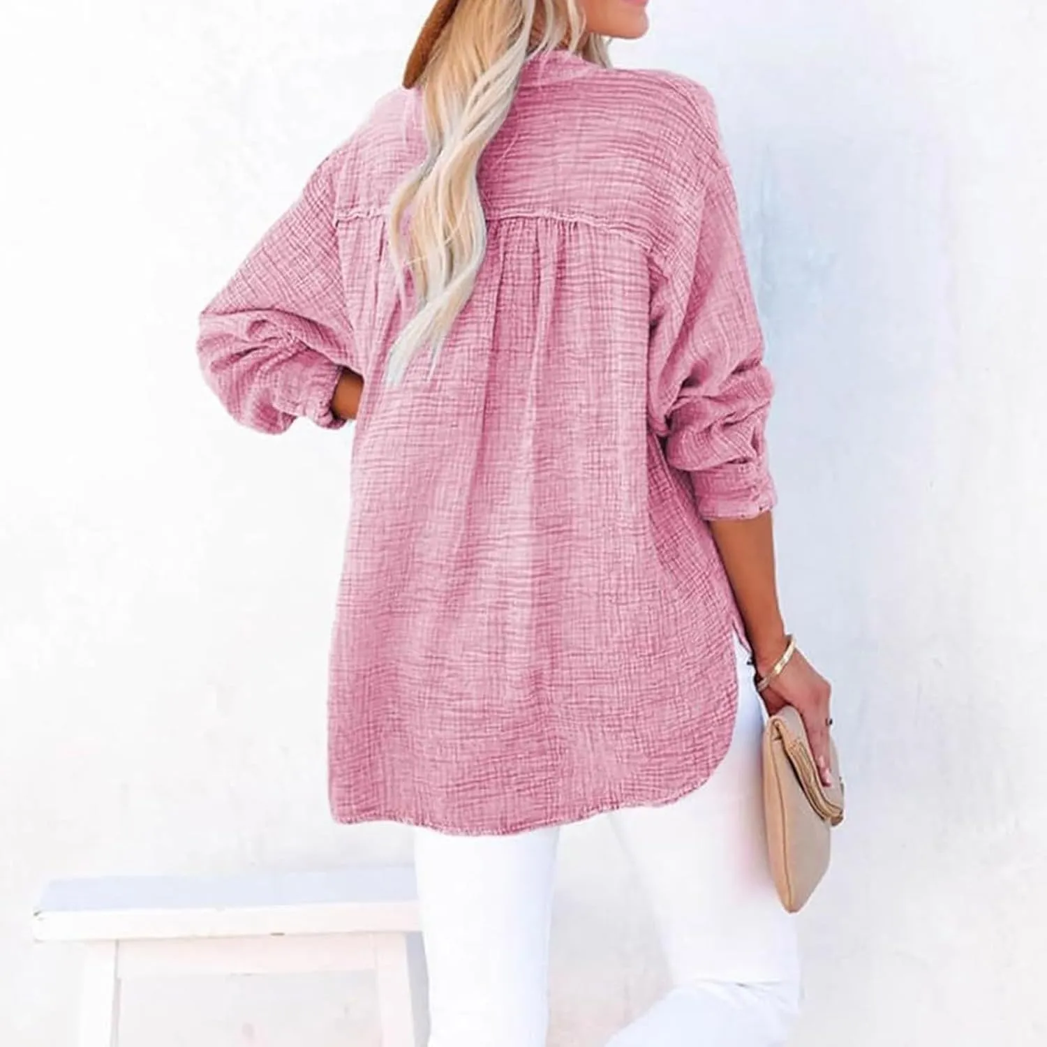 Linen Shirts for Women Casual Button V Neck Long Sleeve Shirts Oversized Solid Blouses Tops for Women Trendy Summer 2025