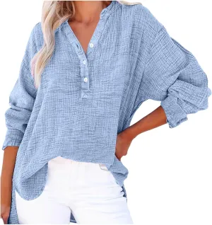 Linen Shirts for Women Casual Button V Neck Long Sleeve Shirts Oversized Solid Blouses Tops for Women Trendy Summer 2025