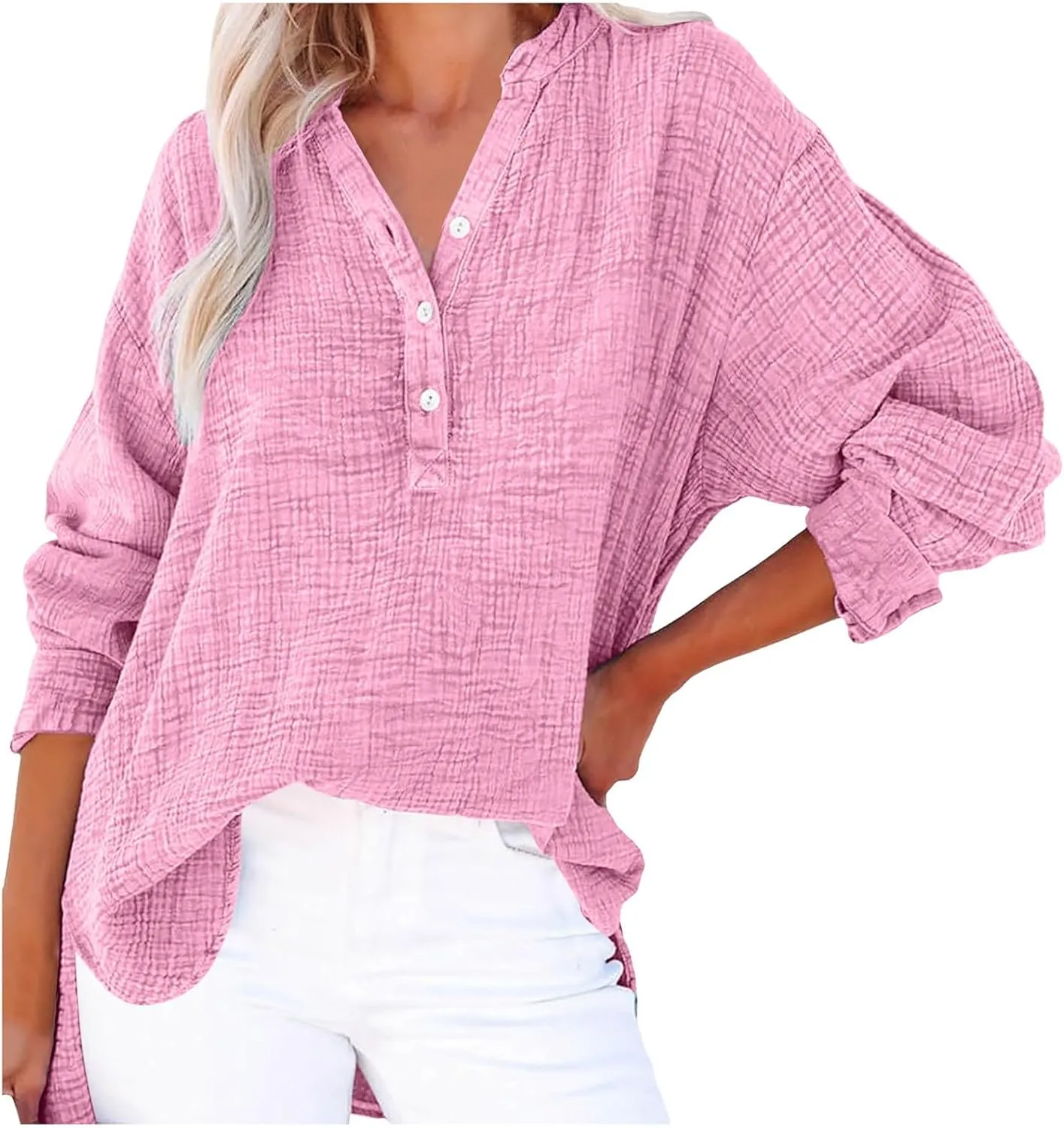 Linen Shirts for Women Casual Button V Neck Long Sleeve Shirts Oversized Solid Blouses Tops for Women Trendy Summer 2025
