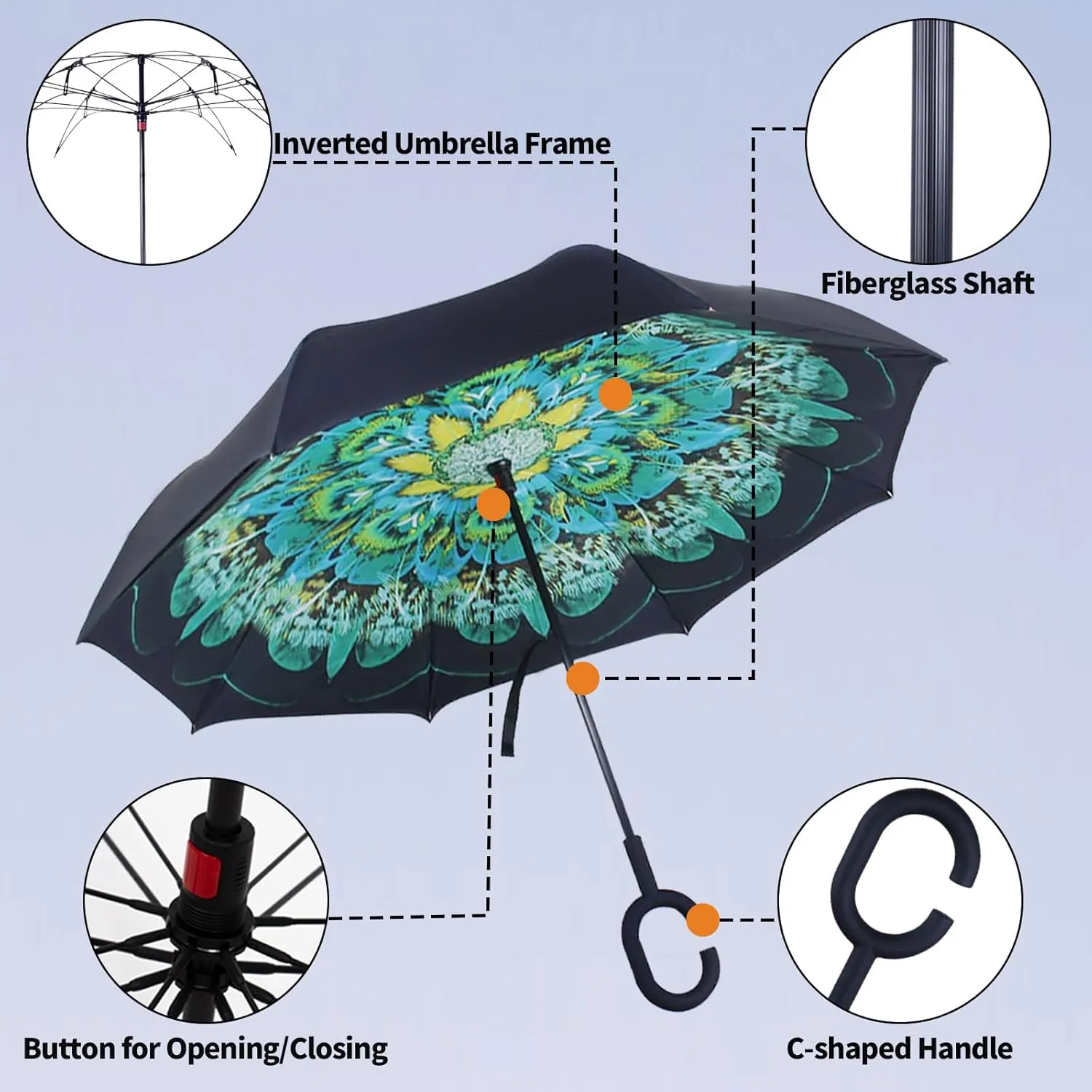 LLanxiry Umbrella,Inverted Reverse Upside Down Umbrellas with C-Shaped Handle, Anti-UV Waterproof Rain Umbrella for Women and Men