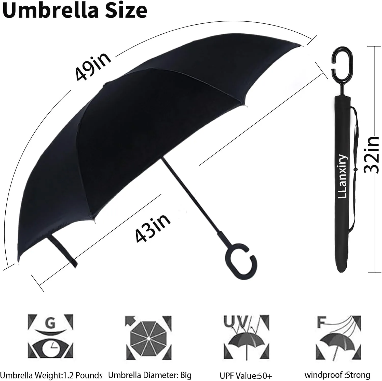 LLanxiry Umbrella,Inverted Reverse Upside Down Umbrellas with C-Shaped Handle, Anti-UV Waterproof Rain Umbrella for Women and Men