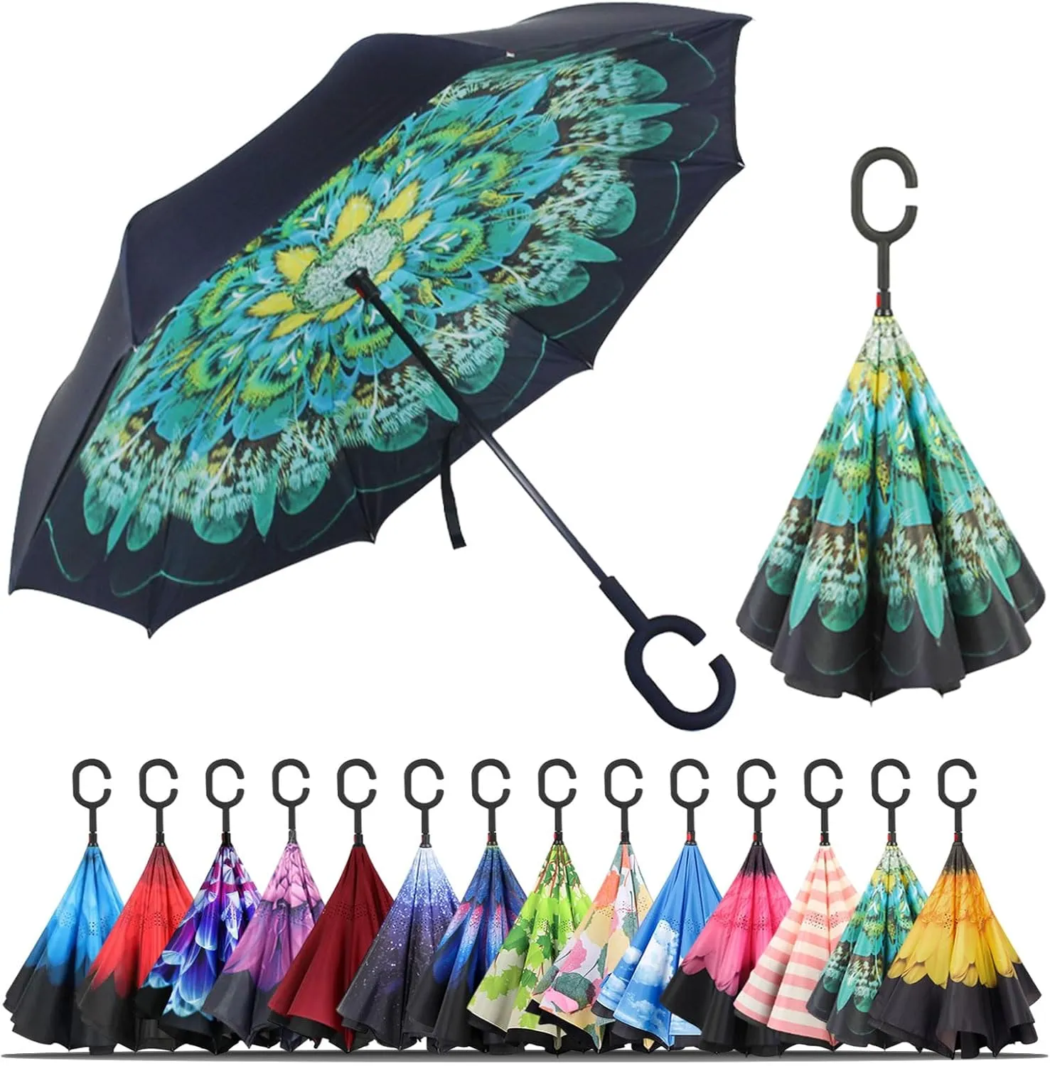 LLanxiry Umbrella,Inverted Reverse Upside Down Umbrellas with C-Shaped Handle, Anti-UV Waterproof Rain Umbrella for Women and Men