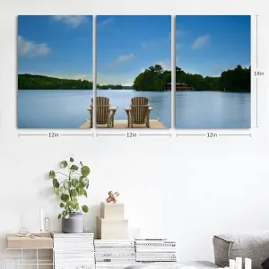Long exposure two empty chairs sitting a wooden dock 3 Piece Canvas Wall Art for Living Room Bedroom Office Framed Prints Pictures Painting Wall Decor Artwork for Walls Set of 3