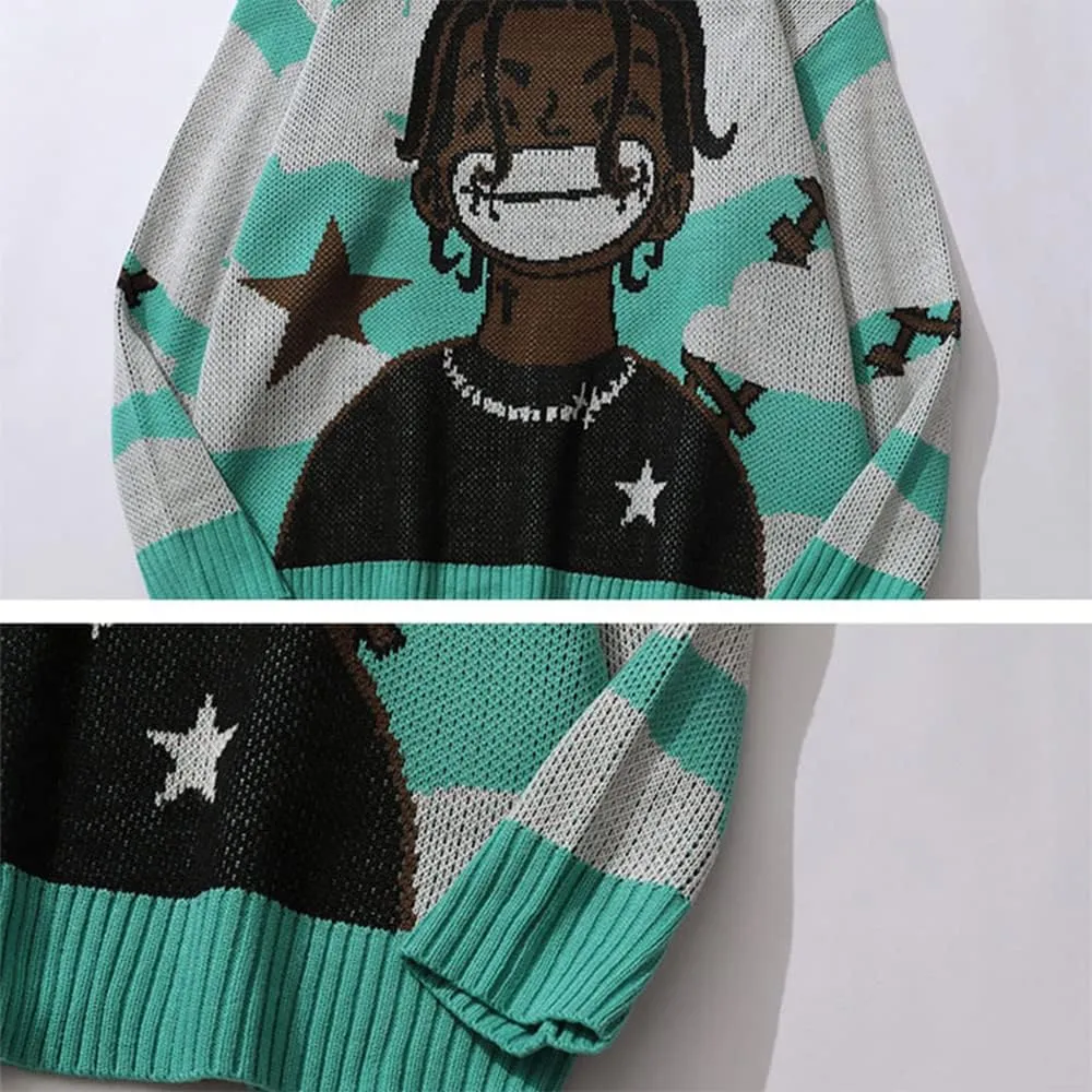 Long Sleeve Crewneck Anime Rapper Knit Sweater Harajuku Hip Hop Rap Vintage Knitted Sweater Streetwear