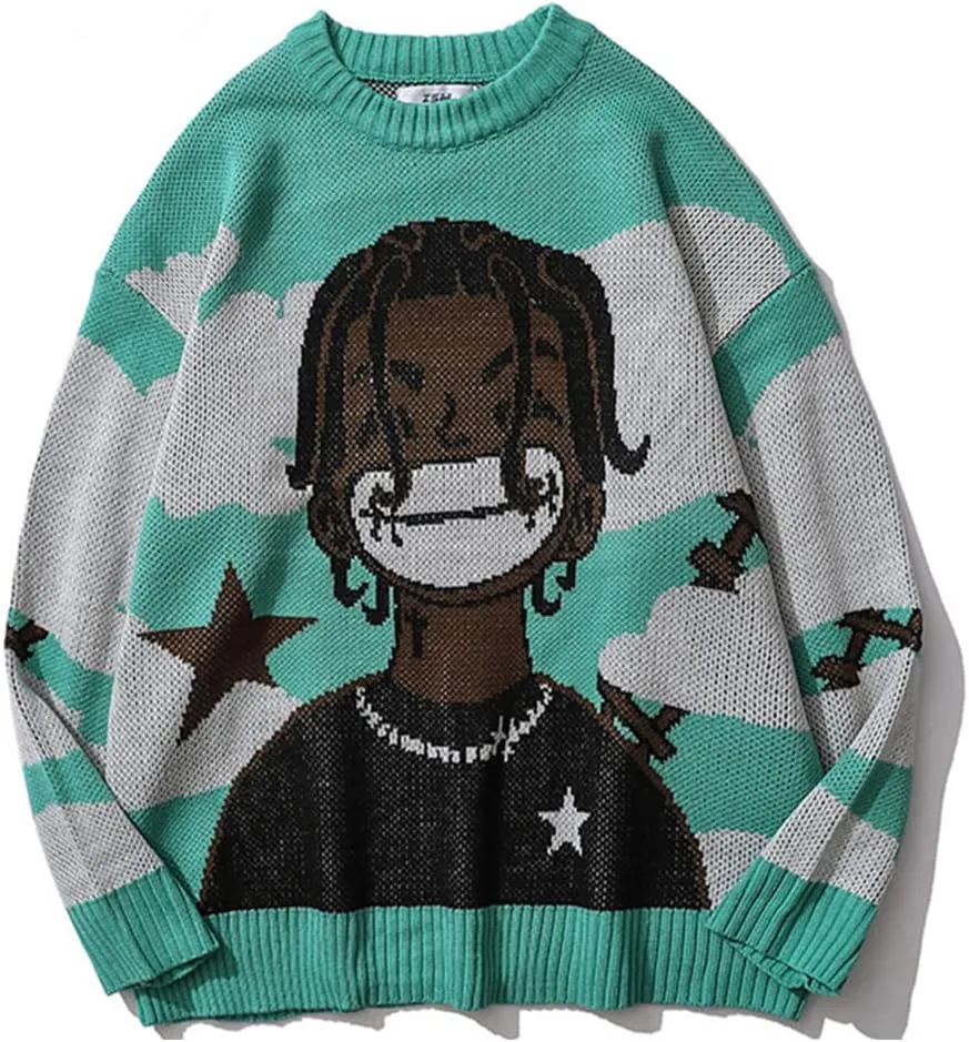 Long Sleeve Crewneck Anime Rapper Knit Sweater Harajuku Hip Hop Rap Vintage Knitted Sweater Streetwear