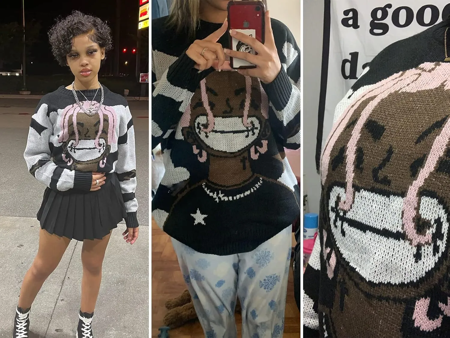 Long Sleeve Crewneck Anime Rapper Knit Sweater Harajuku Hip Hop Rap Vintage Knitted Sweater Streetwear