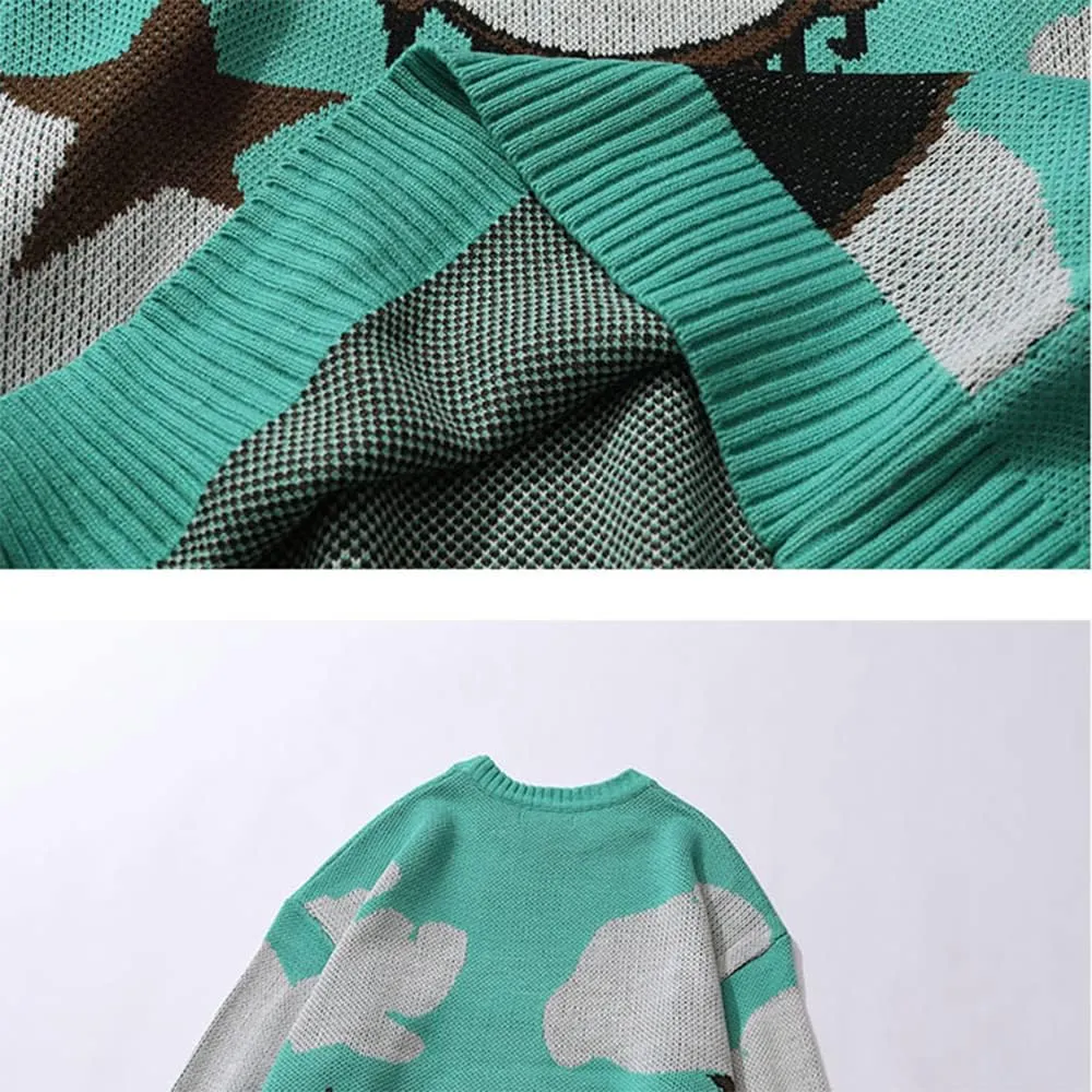 Long Sleeve Crewneck Anime Rapper Knit Sweater Harajuku Hip Hop Rap Vintage Knitted Sweater Streetwear