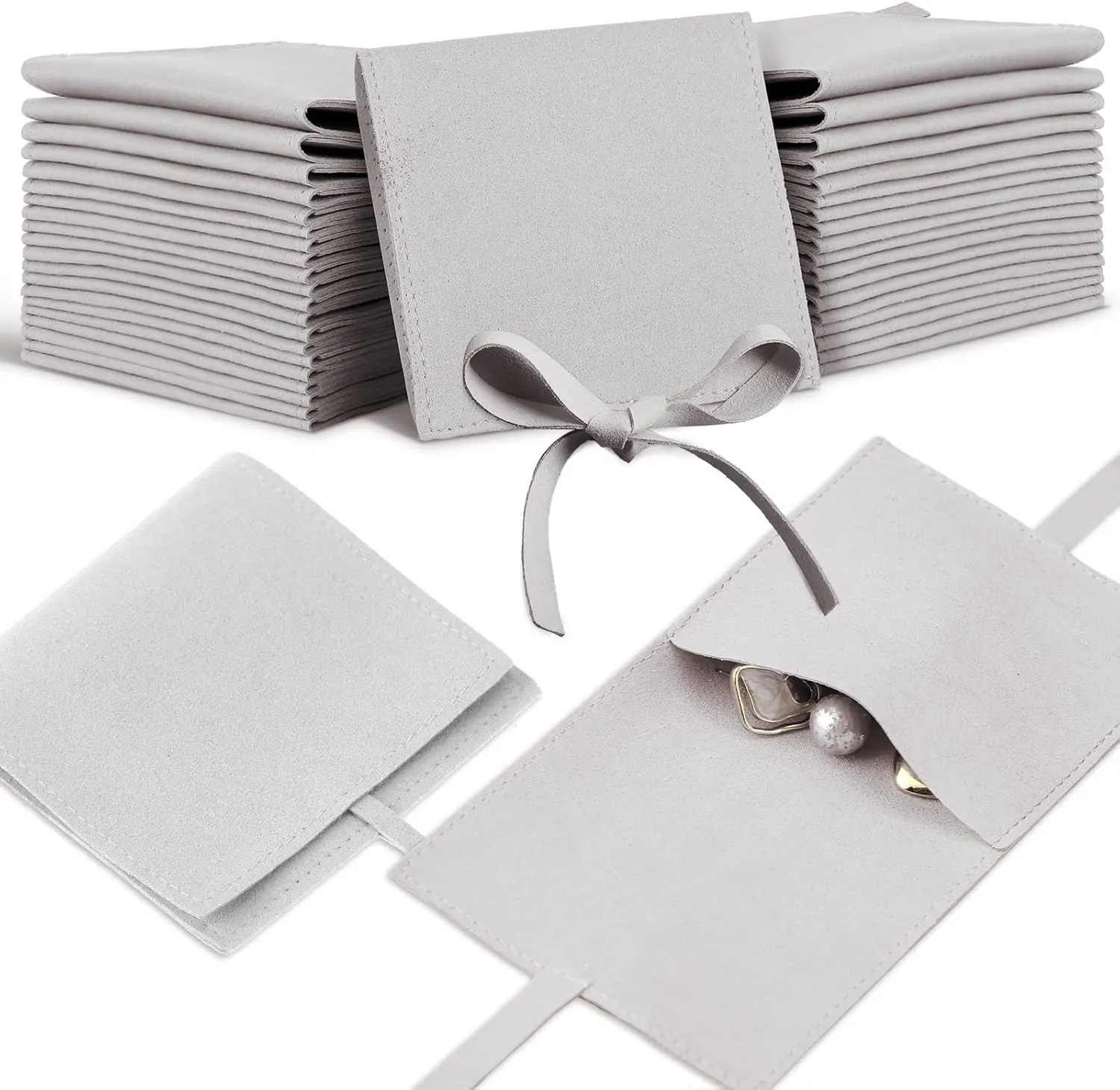 Lothee 40 Pcs Microfiber Jewelry Pouch 8x8 cm Jewelry Packaging Luxury Small Gift Bags Bow Tie Microfiber Bag for Bracelet Necklace Packaging,Envelope Style with String and Divider(Gray)