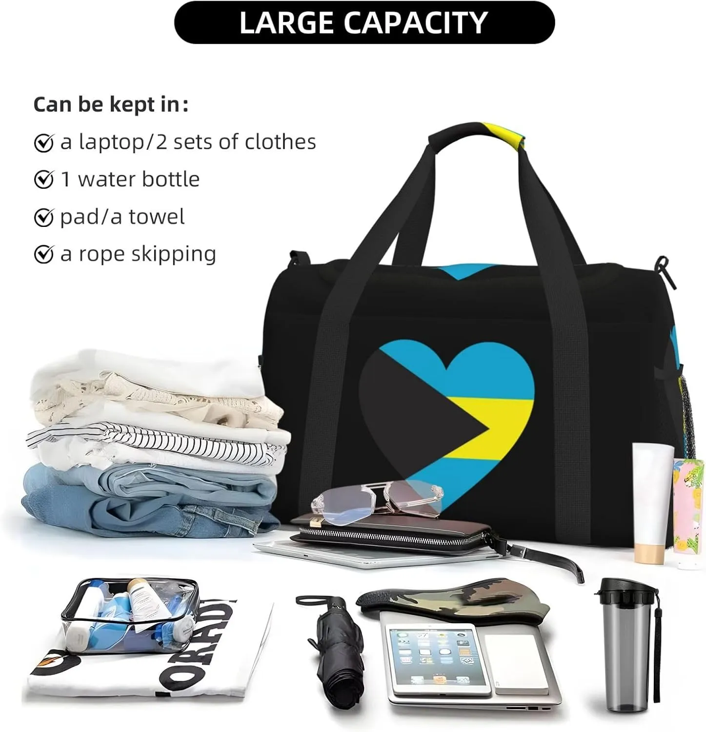 Love Bahamas Flag Travel Duffel Bag Large Foldable Waterproof Overnight Bag For Beach Swim Bags Pool Sports Gym
