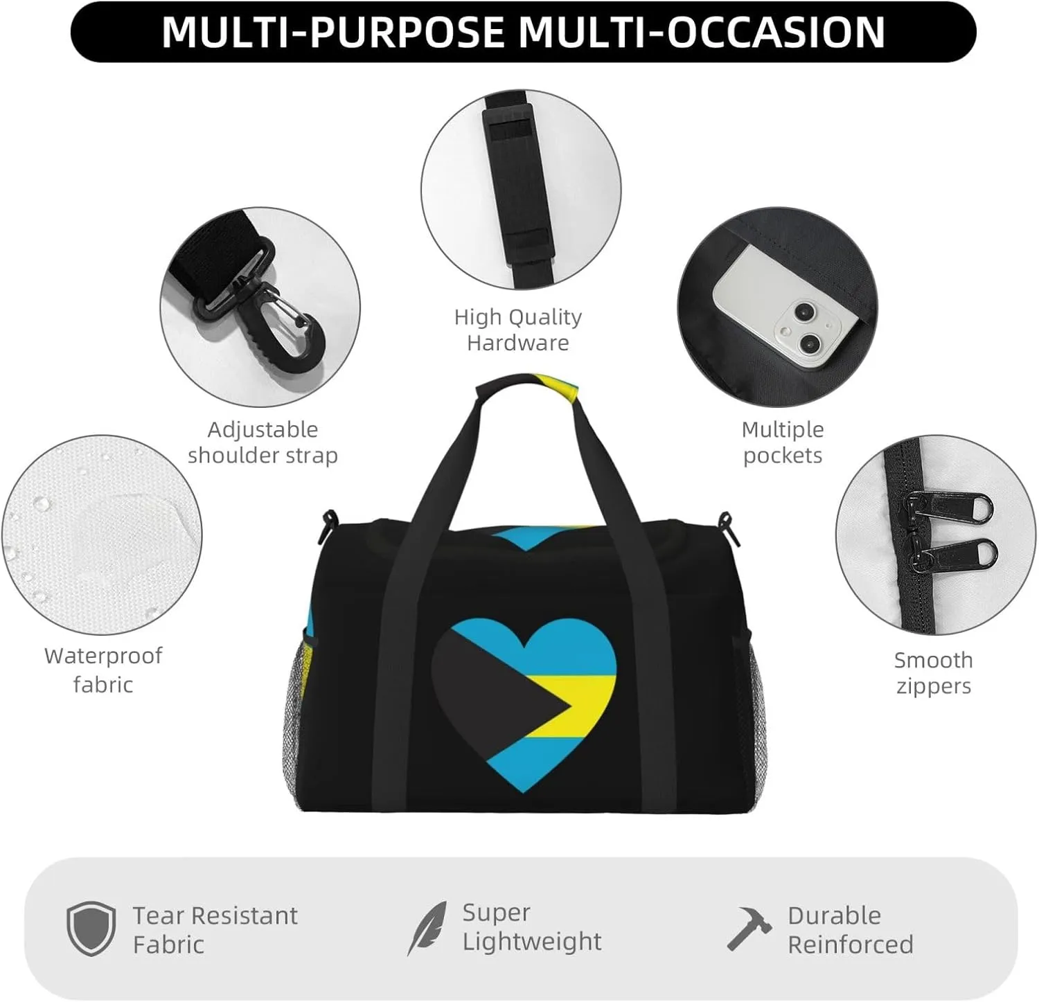 Love Bahamas Flag Travel Duffel Bag Large Foldable Waterproof Overnight Bag For Beach Swim Bags Pool Sports Gym