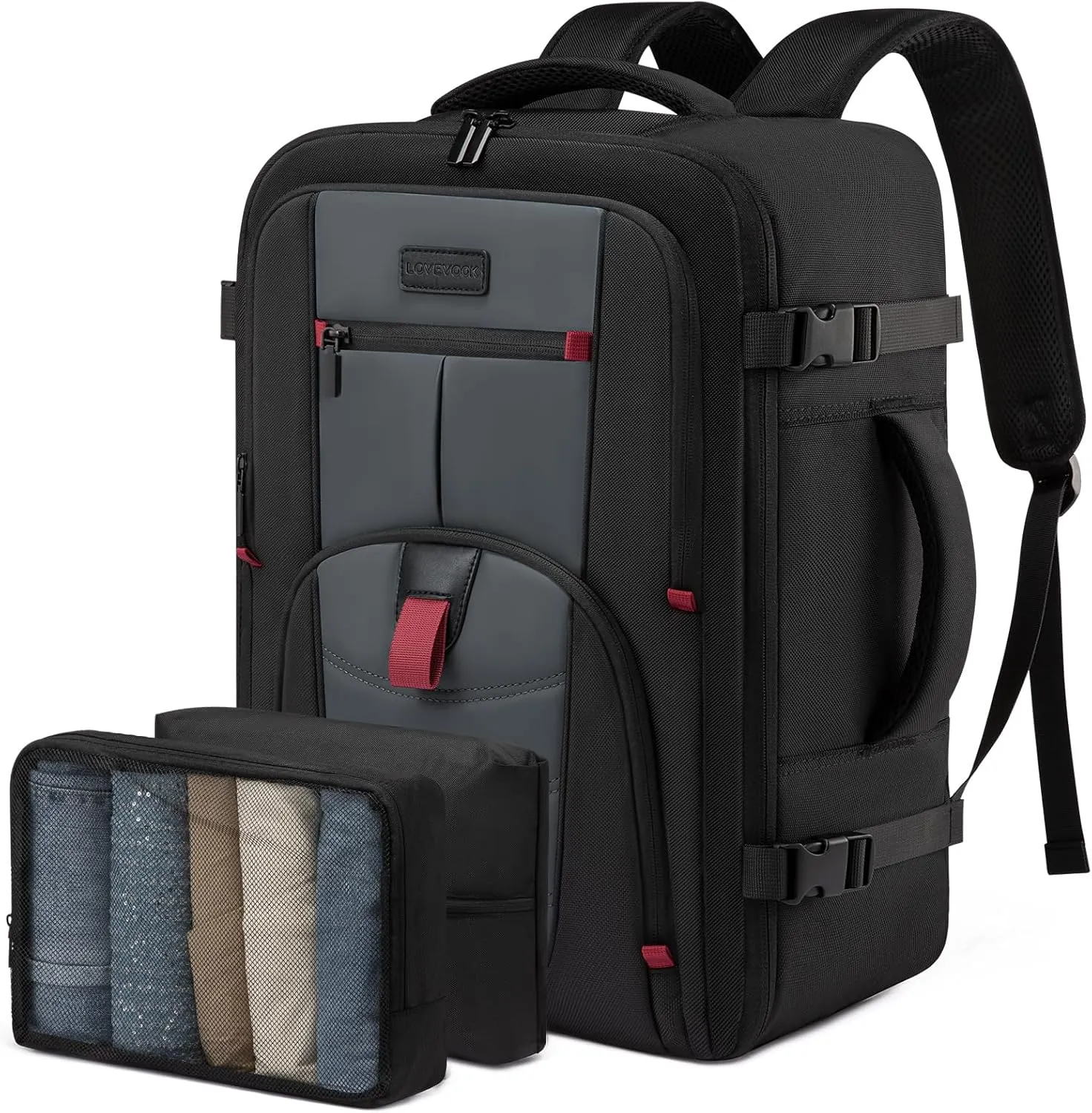 LOVEVOOK Travel Laptop Backpack for Men, 35L Large Carry On Backpack Personal Item Size, Airline Approved Waterproof Bookbag with 2 Packing Cubes Fits 15.6" Laptop, Black&Gray