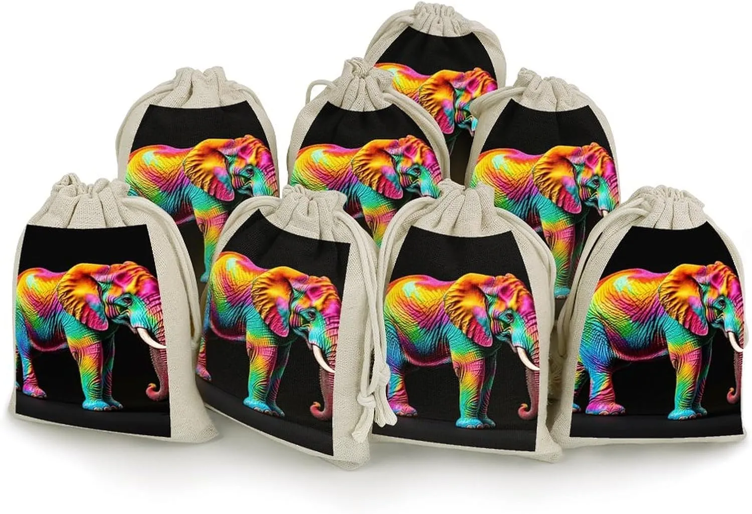LPSADGF 8 PCS Colorful Elephants Drawstring Gift Bags Reusable Cotton Linen Storage Pouches for Christmas, Weddings, Parties, Favors 4.9"x6.7" Small Burlap Bags