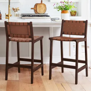 LUE BONA Counter Height Bar Stools 24inch, Set of 2 Faux Leather Woven Counter Stool with Backs, Woven Strips Rattan Barstools with Wood Legs for Dining Room Home Kitchen, Brown-Dark Brown