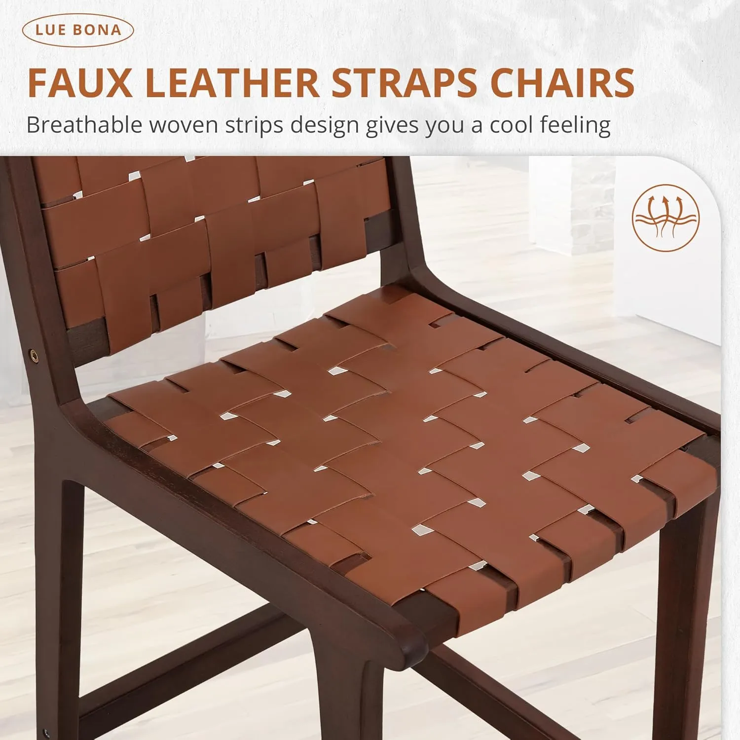 LUE BONA Counter Height Bar Stools 24inch, Set of 2 Faux Leather Woven Counter Stool with Backs, Woven Strips Rattan Barstools with Wood Legs for Dining Room Home Kitchen, Brown-Dark Brown