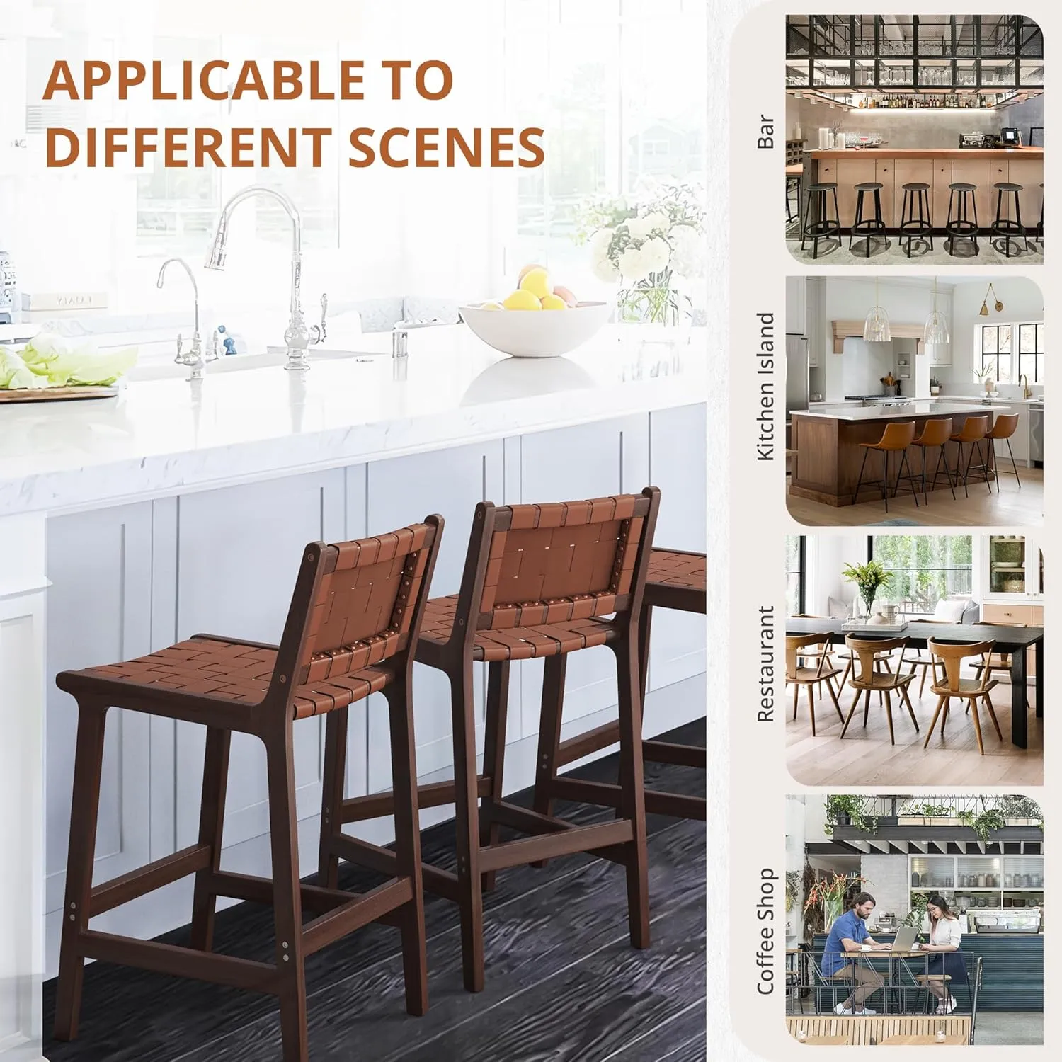 LUE BONA Counter Height Bar Stools 24inch, Set of 2 Faux Leather Woven Counter Stool with Backs, Woven Strips Rattan Barstools with Wood Legs for Dining Room Home Kitchen, Brown-Dark Brown