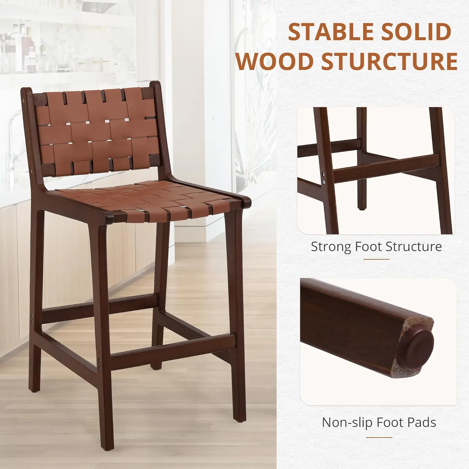LUE BONA Counter Height Bar Stools 24inch, Set of 2 Faux Leather Woven Counter Stool with Backs, Woven Strips Rattan Barstools with Wood Legs for Dining Room Home Kitchen, Brown-Dark Brown
