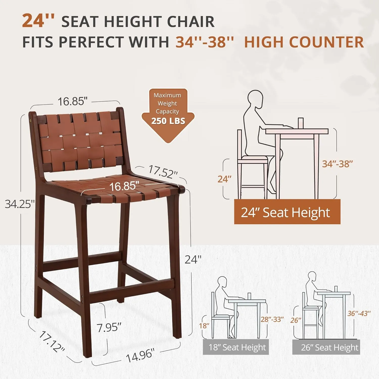 LUE BONA Counter Height Bar Stools 24inch, Set of 2 Faux Leather Woven Counter Stool with Backs, Woven Strips Rattan Barstools with Wood Legs for Dining Room Home Kitchen, Brown-Dark Brown