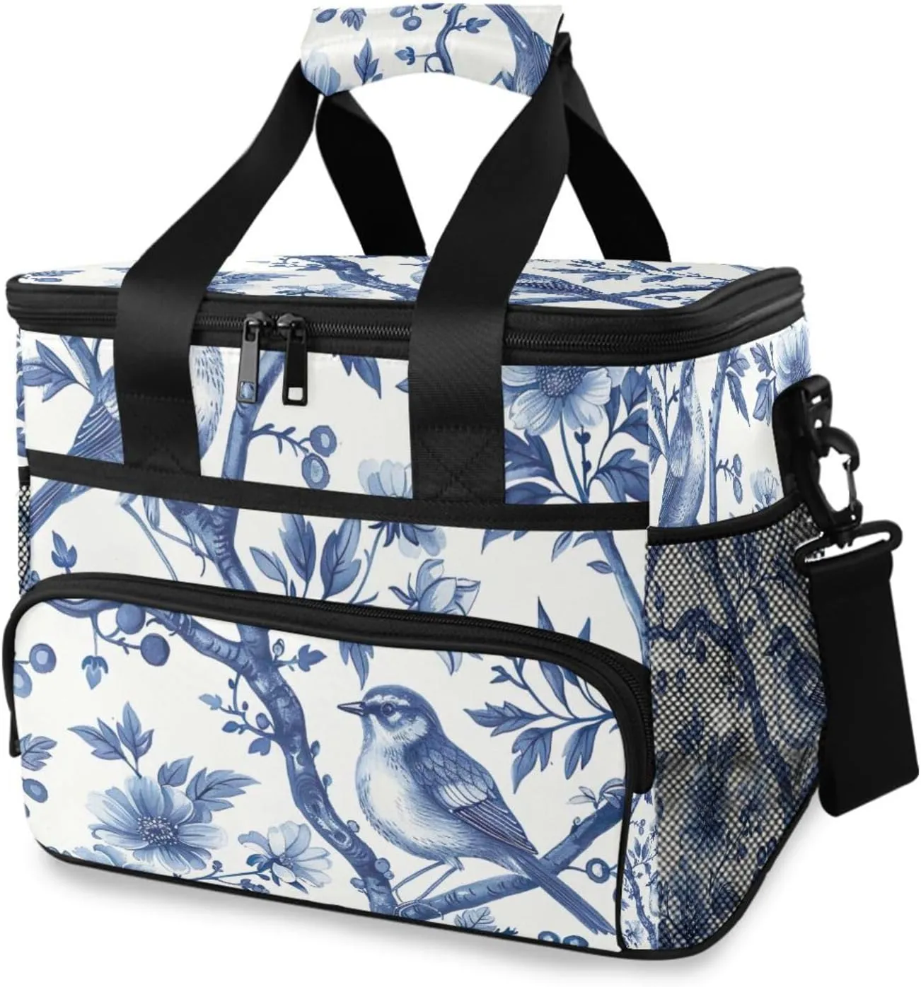 Lunch Bag Blue White Porcelain Insulated Cooler Bag Reusable Lunch Box with Shoulder Strap for Picnic Hiking Camping Work