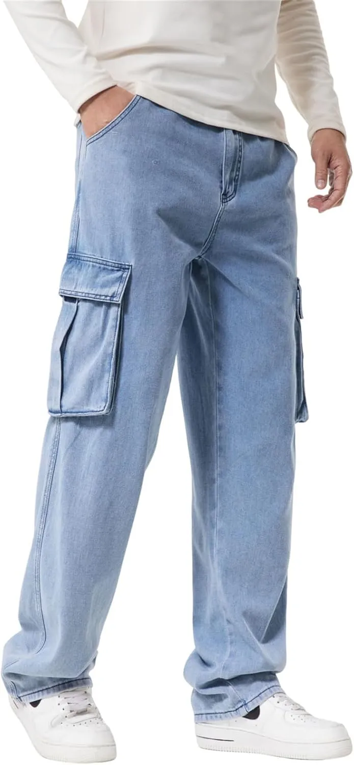 LUOBANIU Men’s Baggy Cargo Jeans Pants Casual Loose Hip Hop Denim Work Pants Jeans with Cargo Pockets