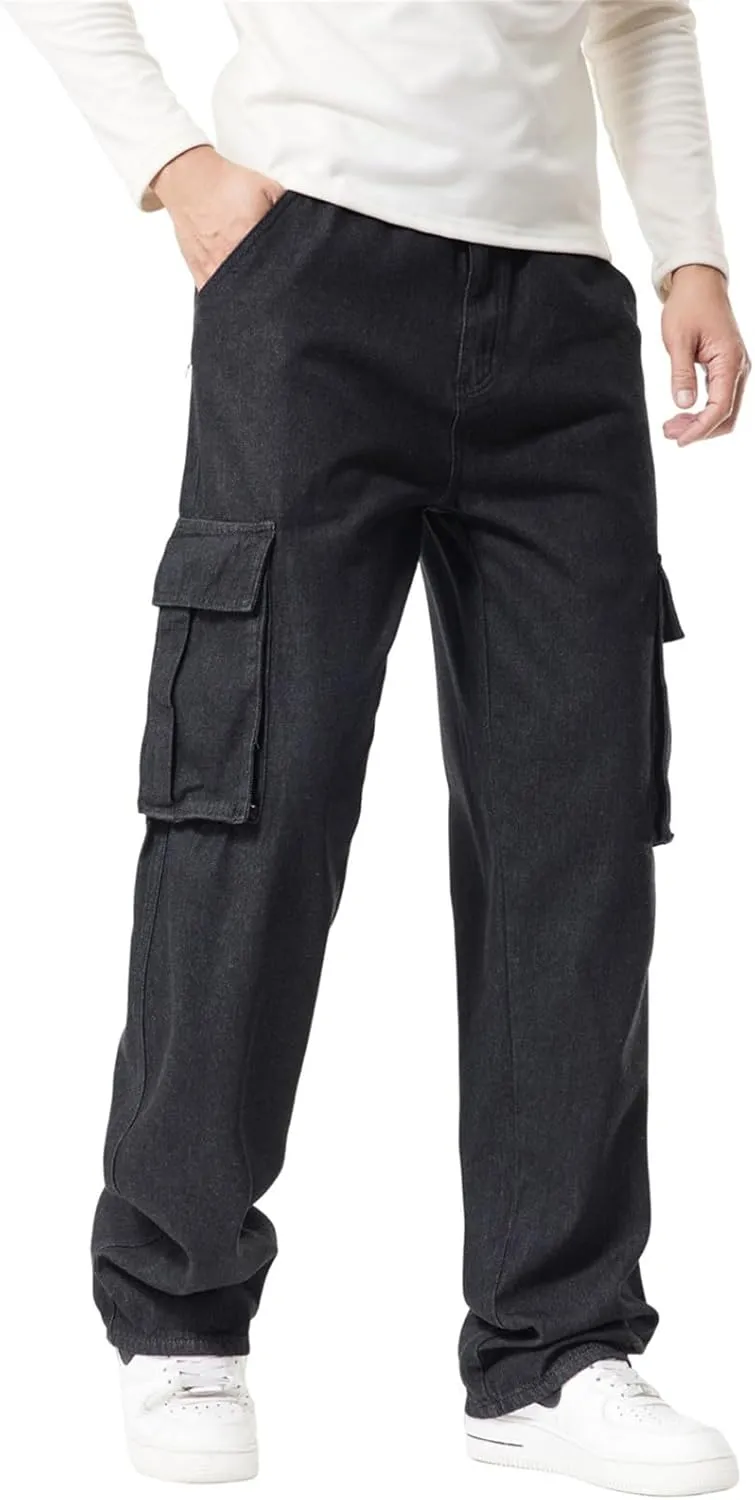 LUOBANIU Men’s Baggy Cargo Jeans Pants Casual Loose Hip Hop Denim Work Pants Jeans with Cargo Pockets
