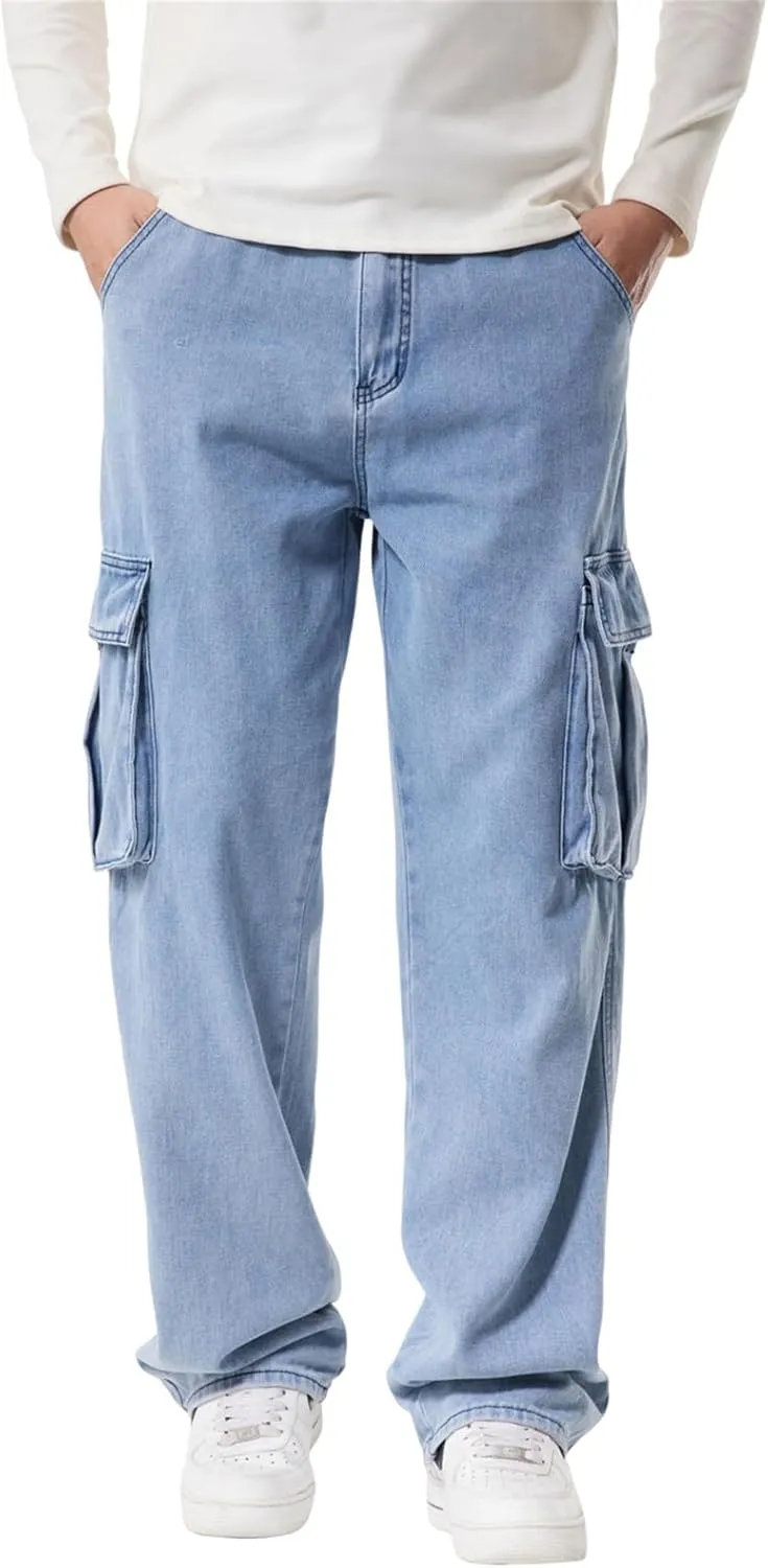 LUOBANIU Men’s Baggy Cargo Jeans Pants Casual Loose Hip Hop Denim Work Pants Jeans with Cargo Pockets