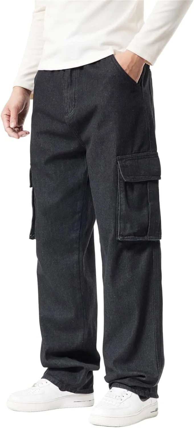LUOBANIU Men’s Baggy Cargo Jeans Pants Casual Loose Hip Hop Denim Work Pants Jeans with Cargo Pockets