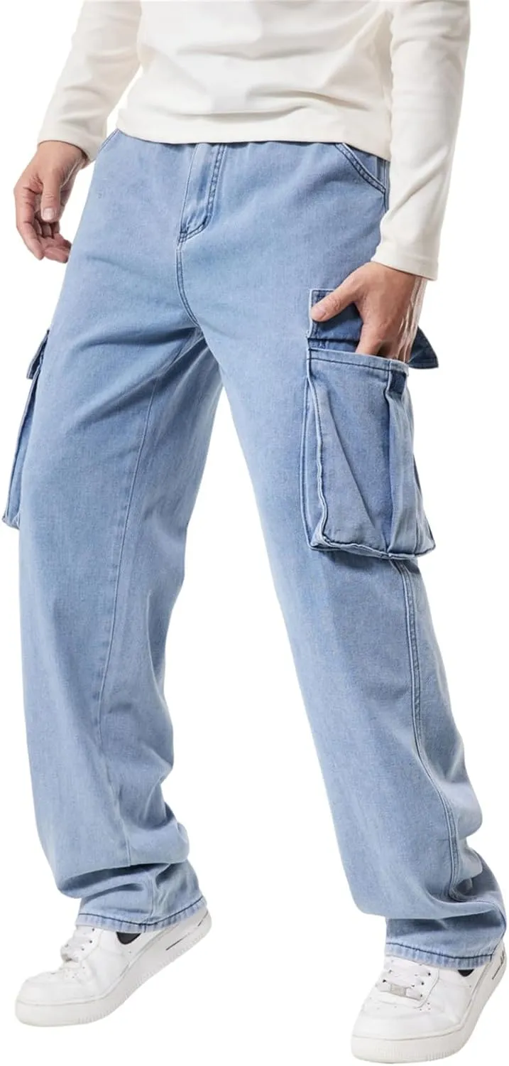 LUOBANIU Men’s Baggy Cargo Jeans Pants Casual Loose Hip Hop Denim Work Pants Jeans with Cargo Pockets