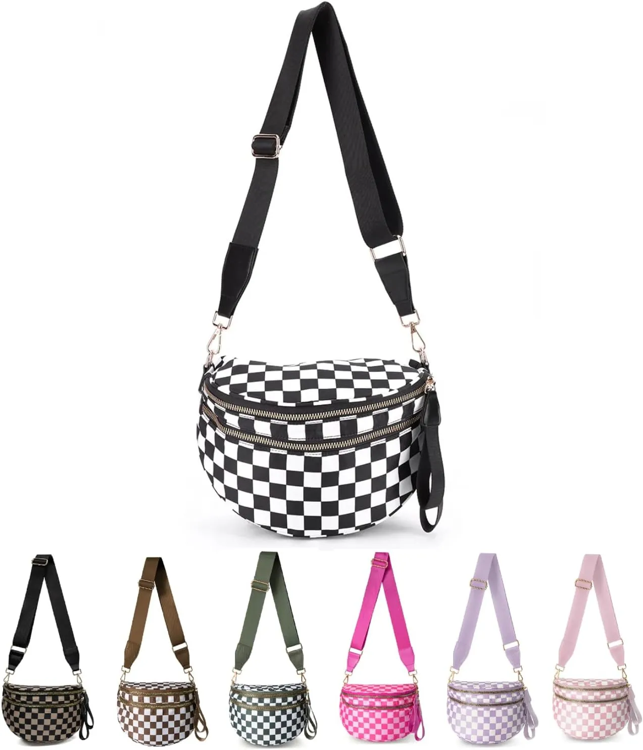 Lushandy Checkered Crossbody Bags for Women, Bum Bag Nylon Checkered Shoulder Bag Large Hobo Crossbody Purse for Travel