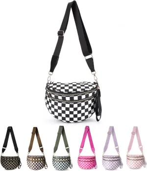 Lushandy Checkered Crossbody Bags for Women, Bum Bag Nylon Checkered Shoulder Bag Large Hobo Crossbody Purse for Travel