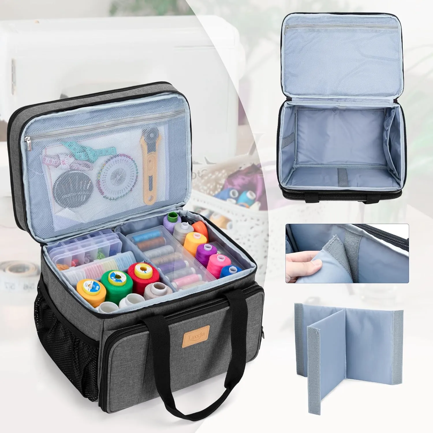 LUXJA Large Sewing Organizer with Many Compartments, 2 Layers Sewing Storage Bag with Varisized Pockets for Sewing and Crafting Supplies (Bag Only), Gray