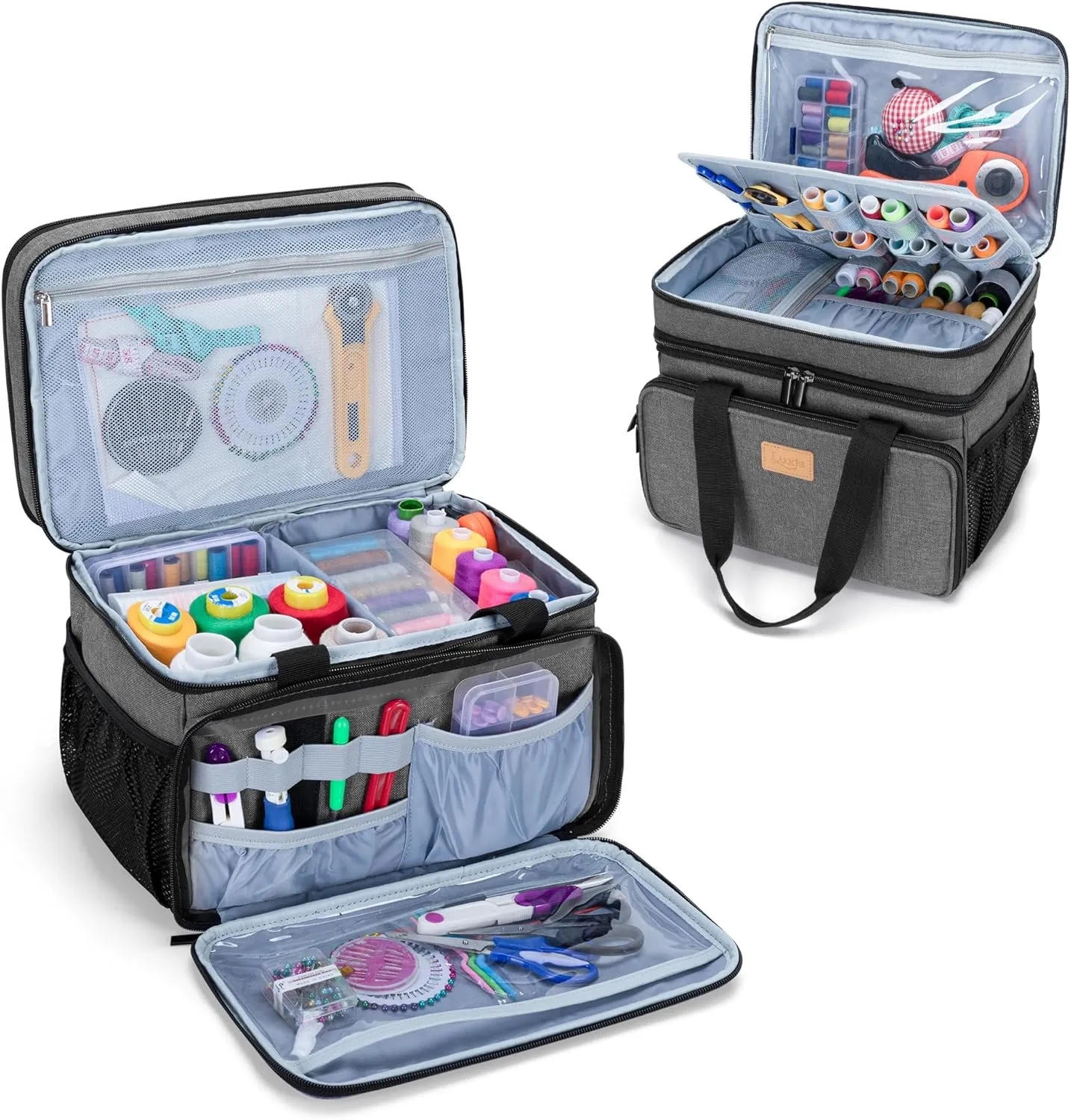 LUXJA Large Sewing Organizer with Many Compartments, 2 Layers Sewing Storage Bag with Varisized Pockets for Sewing and Crafting Supplies (Bag Only), Gray