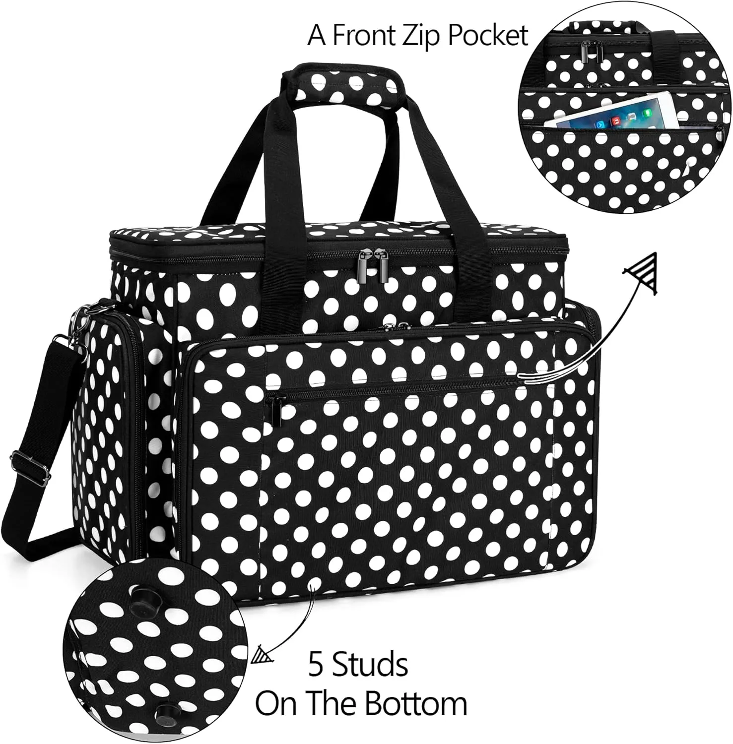 LUXJA Sewing Machine Carrying Bag with Removable Padding Pad, Travel Case for Sewing Machine and Accessories (Fit for Most Standard Sewing Machines), Black Dots (Bag Only)