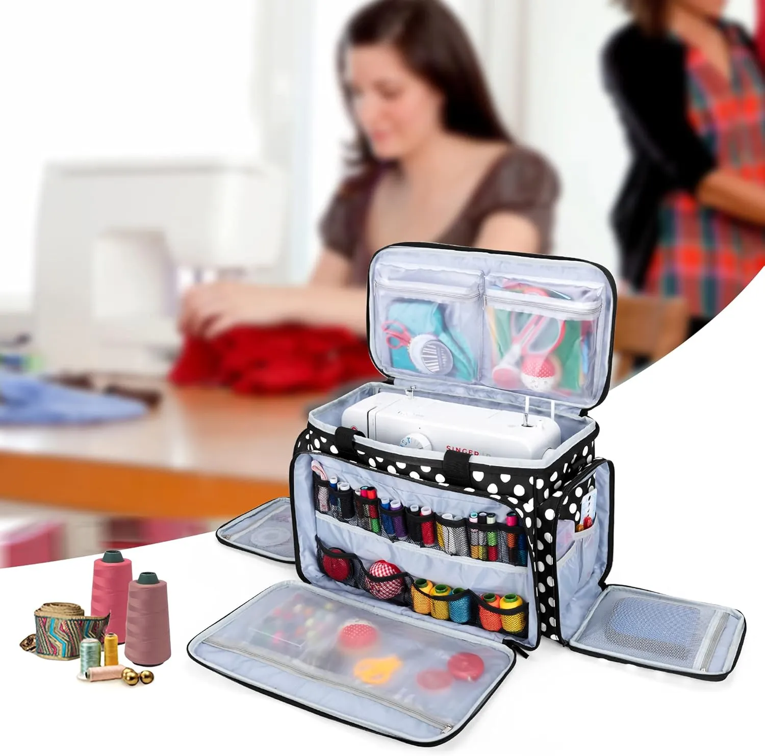LUXJA Sewing Machine Carrying Bag with Removable Padding Pad, Travel Case for Sewing Machine and Accessories (Fit for Most Standard Sewing Machines), Black Dots (Bag Only)