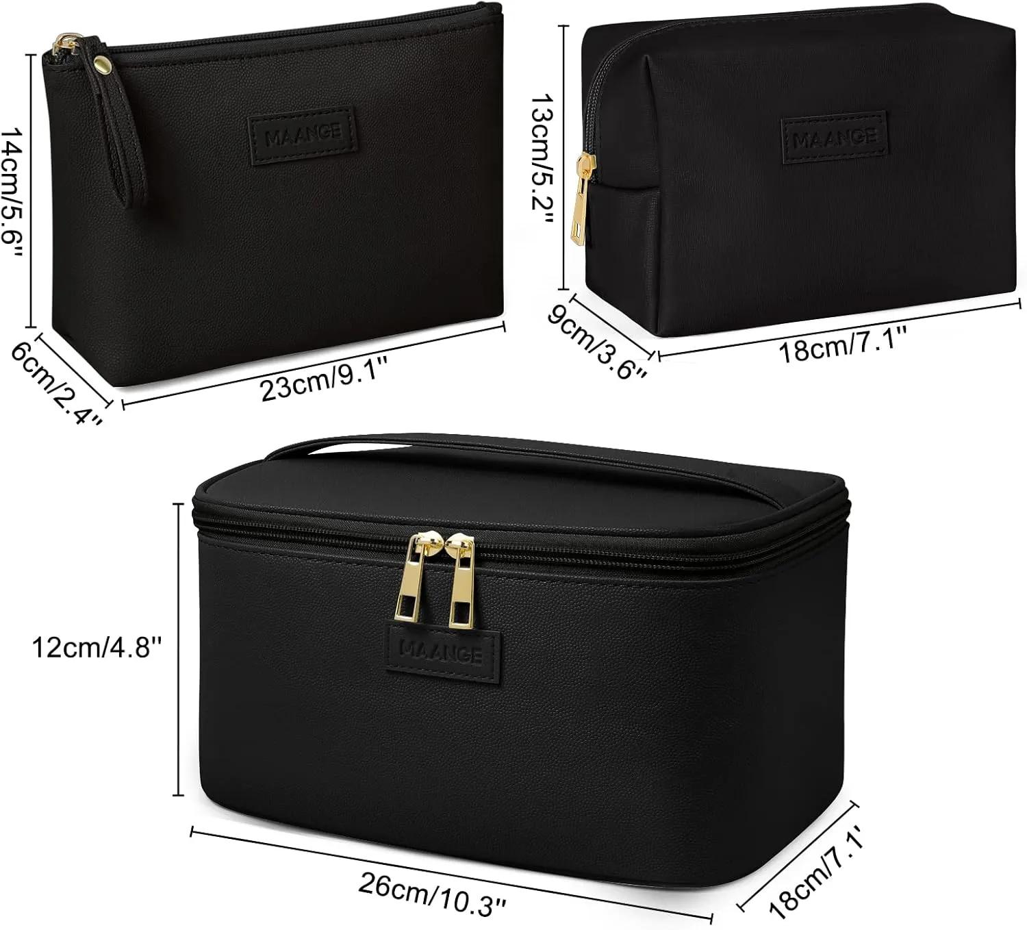 MAANGE Makeup Bag - Large Cosmetic Bag with 2pcs Small Makeup Bags Portable Leather Travel Makeup Bag Set Toiletry Bag Make Up Bags for Women and Girls (Black)