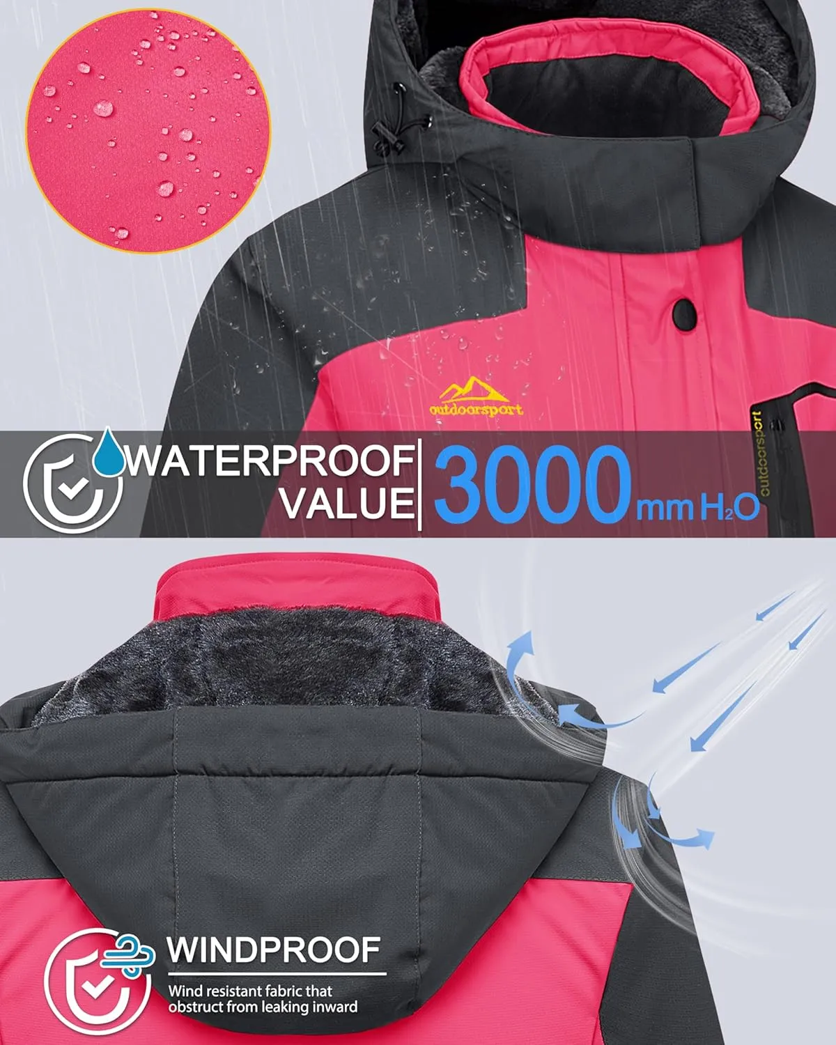 MAGCOMSEN Women's Ski Jacket Waterproof Insulated Snow Jacket Warm Windproof Winter Coats with Hood Fleece Lined Jacket