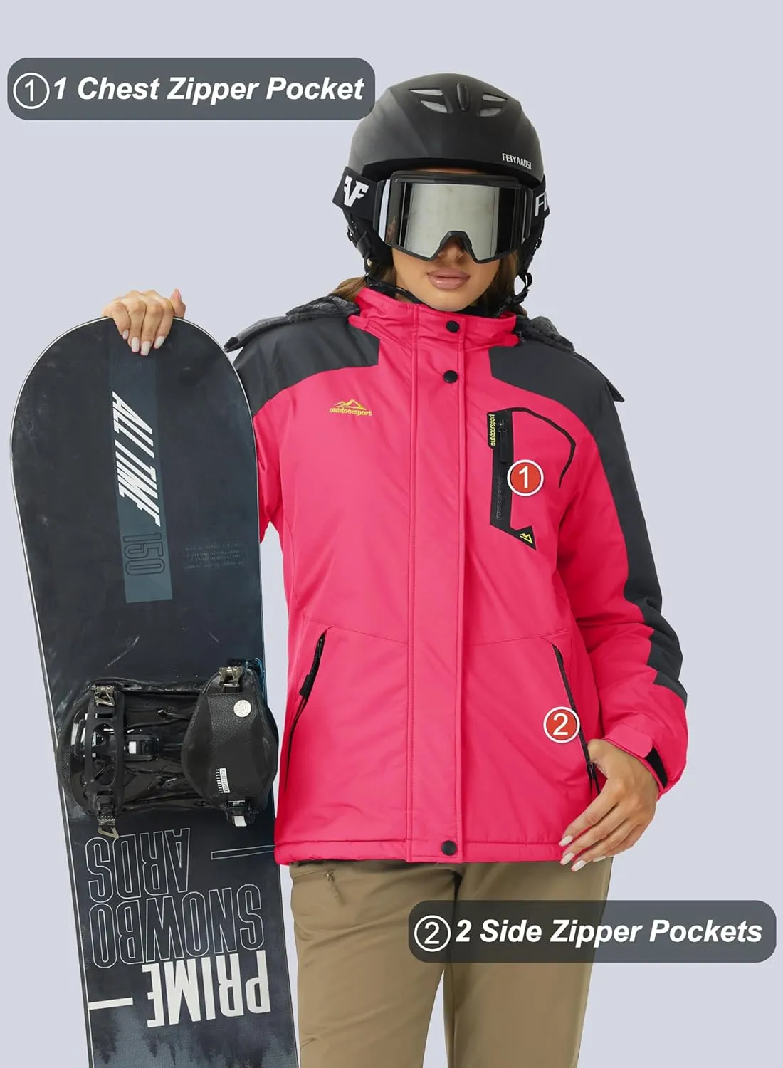 MAGCOMSEN Women's Ski Jacket Waterproof Insulated Snow Jacket Warm Windproof Winter Coats with Hood Fleece Lined Jacket