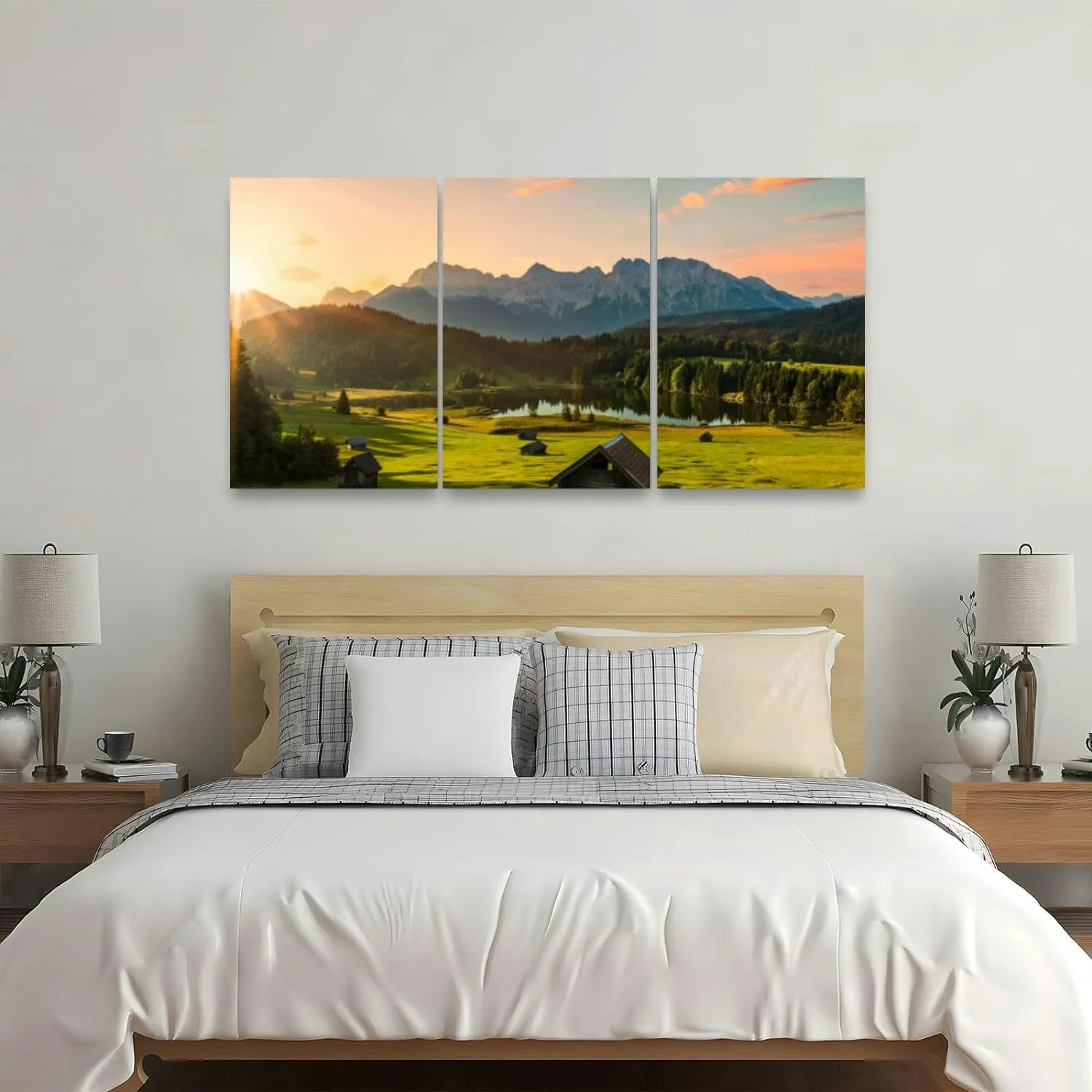 Magic Sunrise at Alpine Lake view to mount Karwendel 3 Piece Canvas Wall Art for Living Room Bedroom Office Framed Prints Pictures Painting Wall Decor Artwork for Walls Set of 3