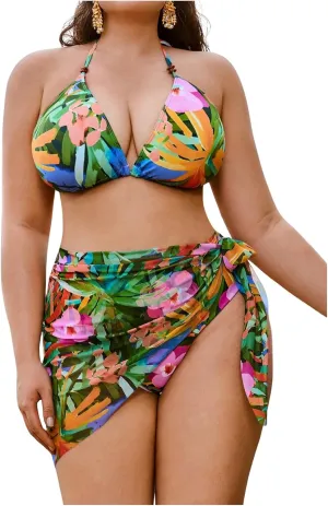 MakeMeChic Women's Plus Size Tropical Print Bikini Set Halter Tie Back Swimsuits with Cover Up Skirt